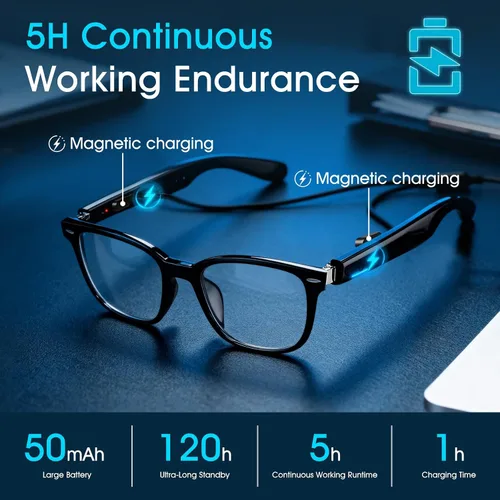 Vista 6 de Gafas de traducción AI unisex con más de 140 idiomas, lentes inteligentes Bluetooth con micrófono y altavoces integrados, interruptor de pasillo