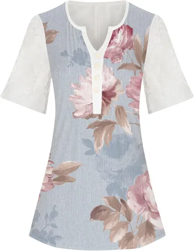 Vista 3 de Camisas para mujer, a la moda, blusas de talla extragrande con estampado floral para mujer, cuello en V, manga corta, cómodas y elegantes