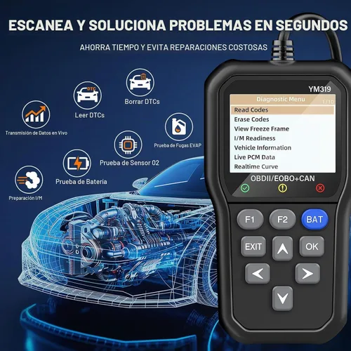 Vista 2 de BluSon YM319 - Escáner OBD2, herramienta de diagnóstico con probador de batería, lector de código de falla del motor con datos en vivo, impresión