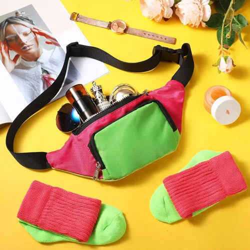 Vista 6 de Hicarer Accesorios de disfraz de los años 80 para mujeres y niñas, cangurera retro neón, calcetines largos para fiestas de los años 80 y 90