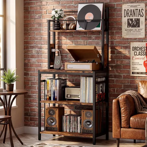 Vista 7 de IRONCK Soporte para tocadiscos, almacenamiento de discos de vinilo de 2 niveles, mesa grande para tocadiscos con estación de carga, soporte