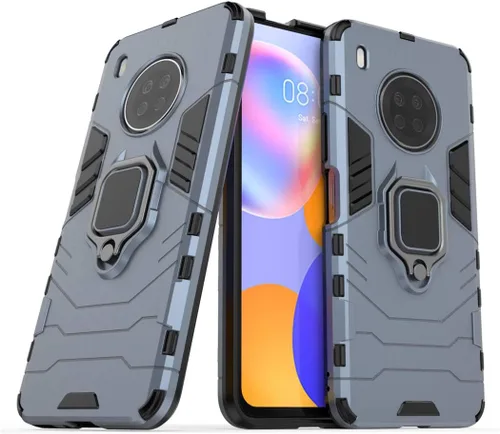 Vista 8 de Funda de teléfono celular para Huawei Y9a, doble capa de metal anillo agarre Kickstand parachoques duro a prueba de golpes (negro)