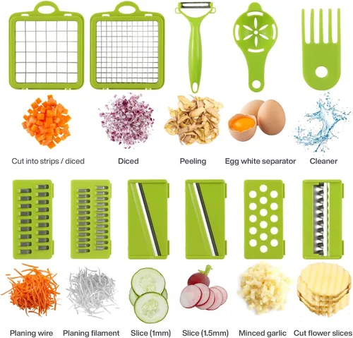 Vista 5 de Picador de verduras 15-1 con recipiente – Cortador de 8 cuchillas y rebanador – Cesta de drenaje, pelador, separador de huevos y muchos más