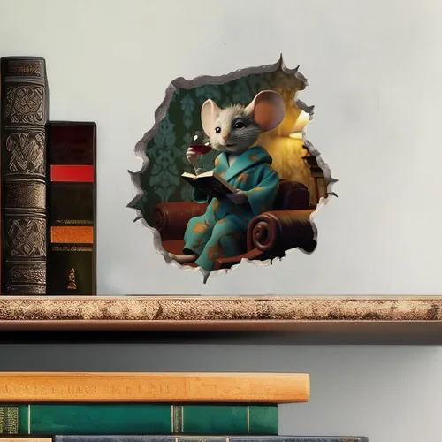 Vista 2 de Calcomanía de pared 3D con agujero de ratón con diseño de vino y libro mí