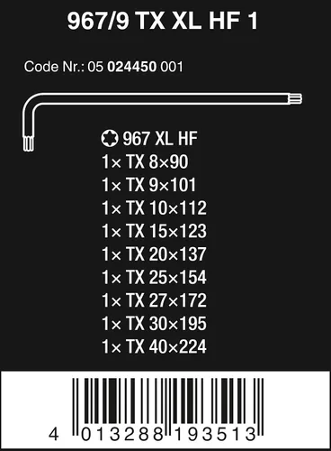 Vista 2 de Wera 05024450001 967/9 TX XL HF 1 juego de llaves L con función de sujeción, largo, 9 piezas