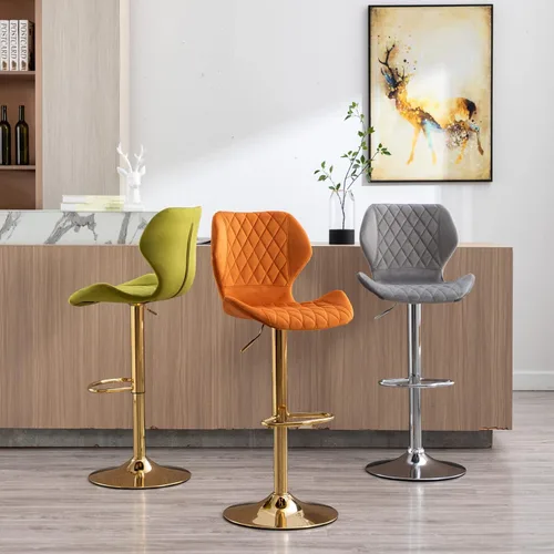 Vista 9 de Juego de 2 taburetes de bar de terciopelo ajustables verdes con patas doradas, modernas sillas de bar giratorias para isla de cocina, comedor, bar
