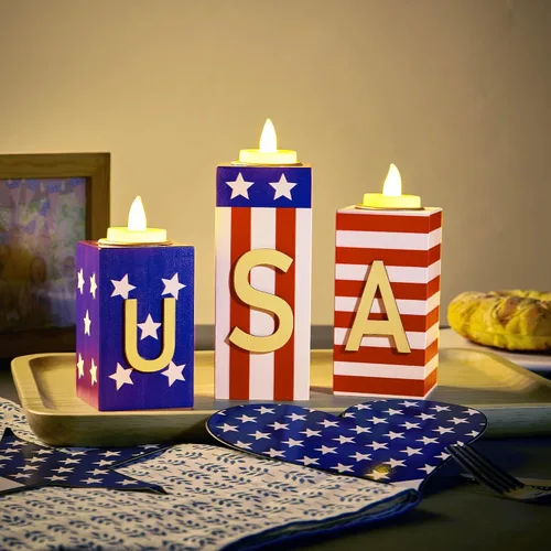 Vista 5 de Decoraciones del 4 de Julio, 3 PCS Portavelas de Madera Patrióticos con Velas de Té, Centros de Mesa Rústicos de Granja para el Hogar, Bandeja