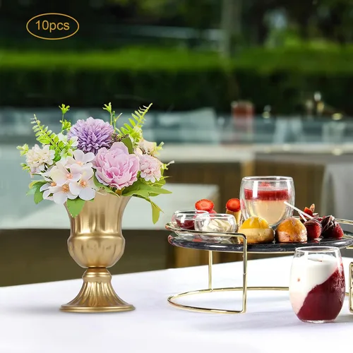 Vista 8 de 10 jarrones de trompeta de metal dorado, elegantes centros de mesa de boda, arreglos florales artificiales altos para decoración de bodas, ceremonia