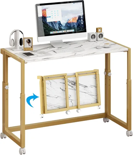 Vista 9 de JSB Escritorio plegable ajustable de 33.2 pulgadas para espacios pequeños, mesa portátil móvil para computadora portátil con ruedas, escritorio Negro