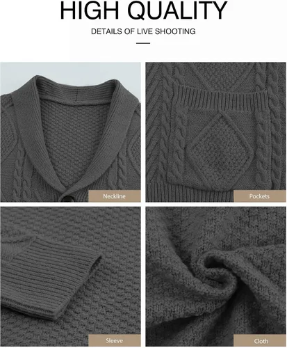 Vista 5 de JMIERR Suéter casual de manga larga con cuello de chal y botones para hombre con bolsillos