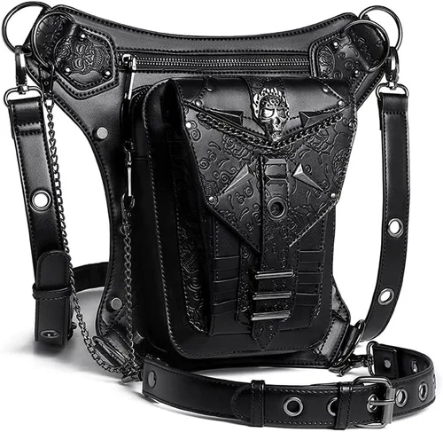 Vista 2 de Steampunk - Bolsa de cintura de piel para motocicleta, bandolera, bandolera, bandolera, bandolera, bolsa, negro - B, talla única