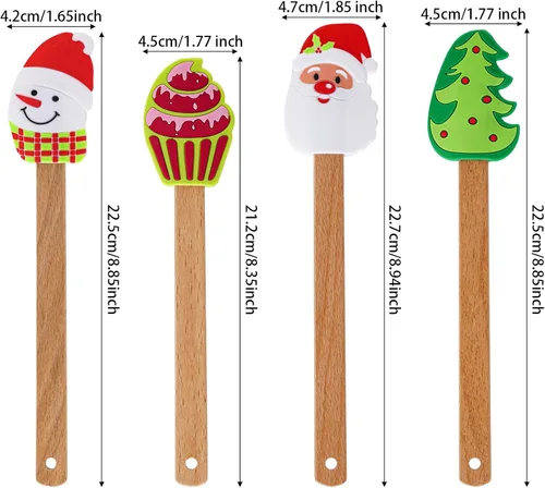 Vista 2 de 4 espátulas de silicona de Navidad con mango de madera, espátula de pastel de Navidad, muñeco de nieve, árbol de Navidad, patrón de Papá Noel