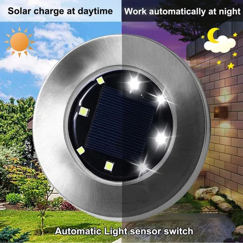 Vista 2 de Rayolon Luces Solares para Suelo, Paquete de 4, 8 LED Luces Solares Blancas para Sendero, Impermeables, Modernas, Exteriores, Empotradas en Suelo