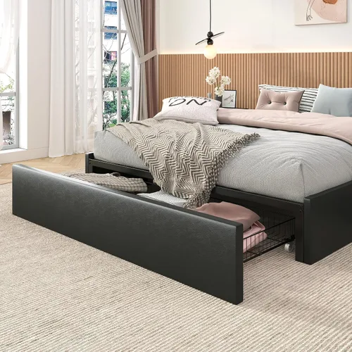 Vista 9 de SHA CERLIN Base de cama moderna de plataforma completa con 3 cajones de almacenamiento, diseño de panel lateral de ala, tapizado de piel sintética