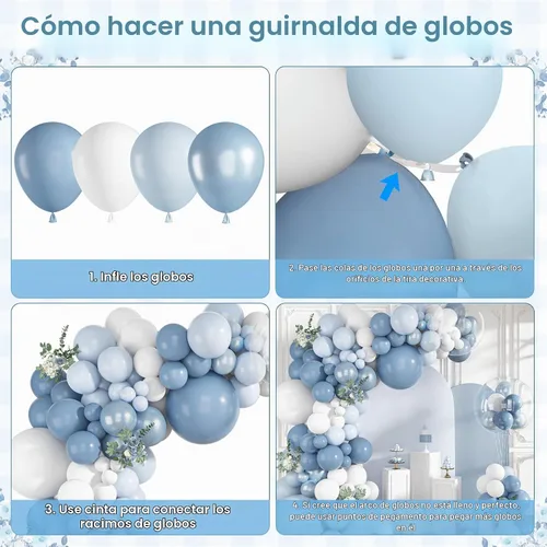 Vista 7 de Ouddy Life - Kit de guirnalda de arco de globos azul polvoriento, 152 piezas, diferentes tamaños Azul y blanco