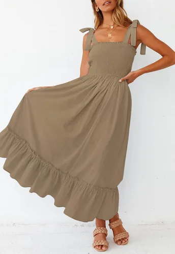 Vista 8 de ZESICA vestido bohemio y liso de verano para mujer acampanado con tirantes delgados cuello cuadrado y volantes vestido largo para la playa
