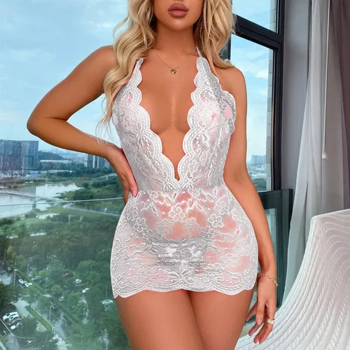 Vista 6 de Lencería de encaje de malla para mujer, cuello halter, espalda descubierta, transparente, ropa de dormir bodycon de una pieza