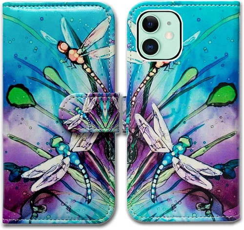 Vista 10 de Bcov - Funda para iPhone 13, funda tipo cartera de cuero verde con diseño de pájaro negro, funda con solapa y soporte con ranura para tarjetas