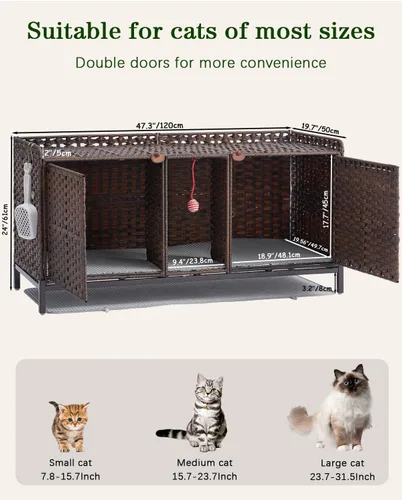 Vista 5 de SETVSON Caja de Arena para Gatos para 2 Gatos, Mueble Oculto de Caja de Arena con Alfombra, Casa Grande de Ratán para Gatos con Habitación Doble