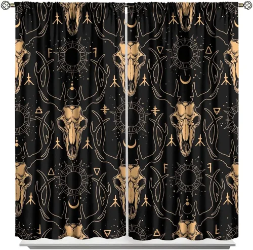 Vista 38 de BAEKJIN Cortinas de cabeza de cabra, diseño de calavera malvada, bruja, símbolo misterioso, bolsillo para barra, cortinas opacas para ventana, juego