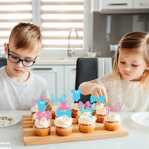 Vista 4 de Paquete de 24 adornos para cupcakes para niños o niñas, con purpurina rosa y azul, palillos para cupcakes de baby shower, corbatín, mameluco, mono