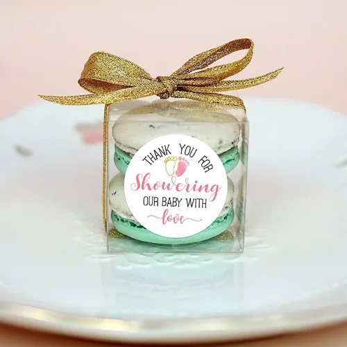 Vista 2 de Calcomanías rosadas para baby shower, gracias por duchar a nuestro bebé con amor, recuerdos de baby shower para niñas, 2 pulgadas, paquete de 50