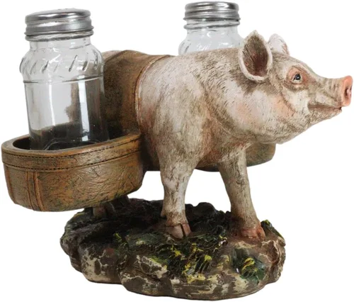Vista 4 de Ebros Gift Animal Farm Barn Cerdo Porky con alforjas Sal Pimienta Titular Estatuilla Cerdo Cerdo Caprichoso Cerdo Tocino Piglet Estatua Organizador