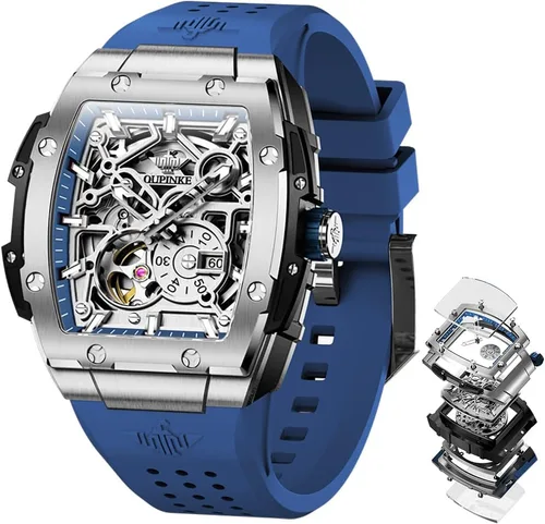 Vista 11 de OLEVS Men Watches Business Dress Chronograph Big Square Quartz Analog Male Watch Silicone Strap Waterproof Date Gift Mens Wrsit Watch Silver