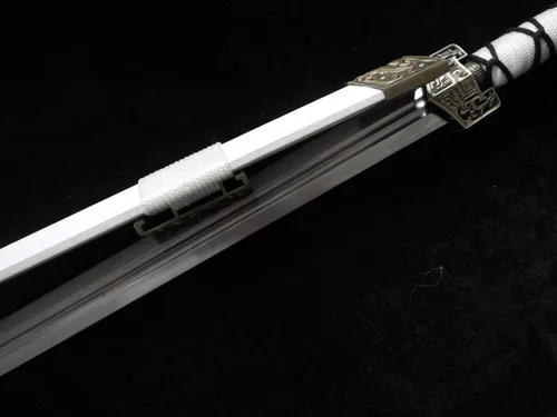 Vista 7 de Espada china/Han jian/Hoja de acero al carbono medio/vaina de pintura de cuero blanco