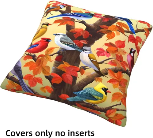 Vista 6 de Ouqiuwa Juego de 4 fundas de almohada coloridas con diseño de pájaros de 12 x 12 pulgadas, cuadradas, decorativas, con hojas de arce otoñales