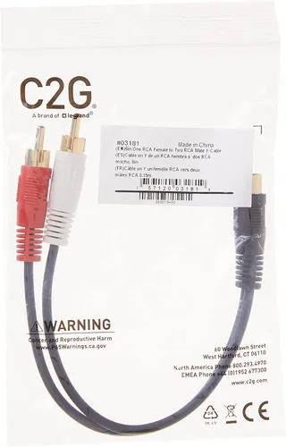 Vista 5 de C2G Legrand Cable divisor de señal RCA hembra a dos RCA macho, divisor RCA a RCA negro, cable en Y estéreo de audio de 6 pulgadas, cable convertidor