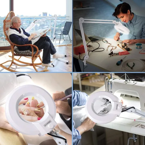 Vista 7 de Lámpara de pie con aumento 10X con 5 ruedas base rodante para esteticistas – 2,200 lúmenes LED regulable luz con lupa, lupa iluminada para leer
