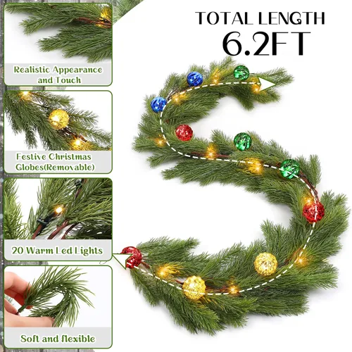 Vista 3 de Ceenna Guirnalda de cedro de Navidad preiluminada de 6.2 pies con luces, guirnalda de pino artificial con adornos de bolas, 8 modos de temporizador