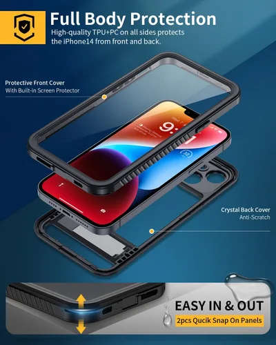 Vista 3 de Lanhiem Funda para iPhone 14 con soporte, IP68 impermeable a prueba de polvo con protector de pantalla integrado, cuerpo completo, a prueba
