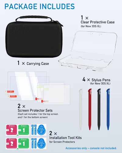 Vista 3 de 4-in-1 Accessories Kit for Nintendo New 3DS XL/LL – Full Protection Bundle Includes Carrying Case, Clear Hard Shell, 4 Stylus Pens & 2 Sets of