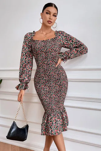 Vista 3 de PRETTYGARDEN Vestido midi ajustado floral de manga larga abombada para mujer, cuello cuadrado, volantes, vestido fruncido de sirena