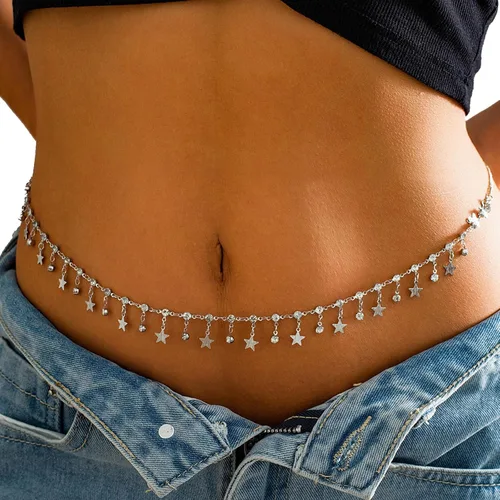 Vista 3 de Sexy estrellas colgante de diamantes de imitación cadena de cintura cinturón verano estrella borla cadena cuerpo cadena festival rave vientre collar