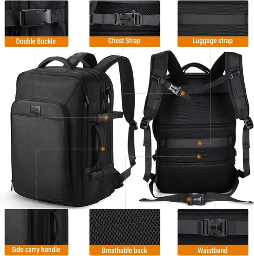 Vista 6 de HOMIEE Mochila de viaje de 22 x 14 x 9 aprobada por aerolíneas de 50 L, mochila de viaje extragrande expandible para laptop, color negro