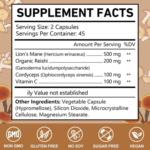 Vista 2 de OMOGS Cápsulas de suplemento de complejo de hongos extracto 10:1, suplemento de melena de león con Cordyceps, Reishi, para la salud del cerebro