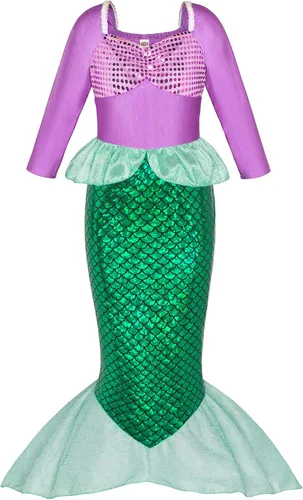 Vista 4 de Little Girls Mermaid Princess Costume for Girls Dress Up Party with Crown Mace Green Dress 3-10 Years