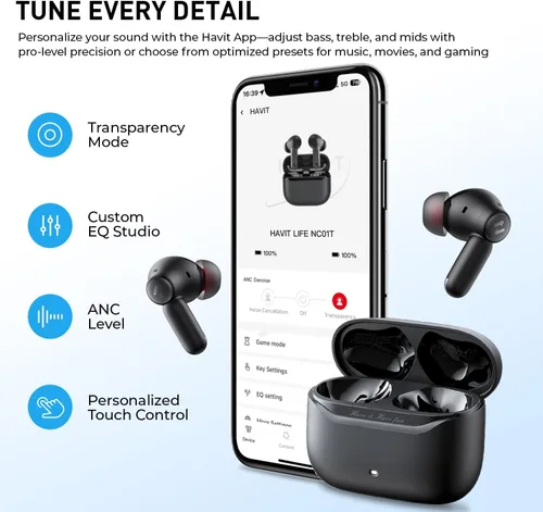 Vista 7 de havit Auriculares inalámbricos Space NC01T, fáciles de usar con conexión de doble dispositivo, 6 micrófonos ENC llamadas claras, Bluetooth estable