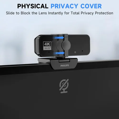 Vista 6 de PHILIPS Cámara web 4K para PC con micrófono, cámara de computadora para reuniones con cubierta de privacidad, cámara web USB Plug & Play