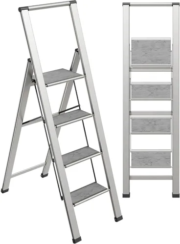 Vista 16 de Escalera de Peldaños de 1 Escalón Plegable, Decorativa - Hermosa Madera Gris y Aluminio Negro, Perfil Ultra Delgado, Peldaños Antideslizantes