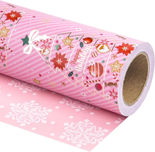Vista 17 de WRAPAHOLIC - Papel de regalo de Navidad reversible, minirollo, 17 pulgadas x 33 pies, diseño de árbol de Navidad con letras “joy”, perfecto