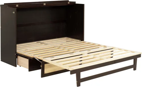 Vista 7 de Cama Murphy de tamaño queen, cama de madera de pino con decoración y cajón de ratán, color espresso