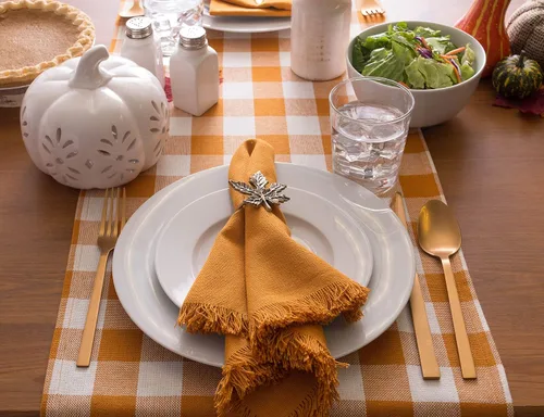 Vista 9 de DII - Colección de mesa con flecos pesados y cuadros, camino de mesa, 14x72 pulgadas, calabaza y especias Naranja