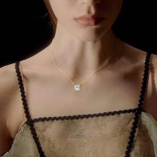 Vista 4 de Collar clásico de moissanita de oro real de 14 quilates, juego clásico de 4 puntas, diseño solitario de moissanita de corte redondo, gargantilla