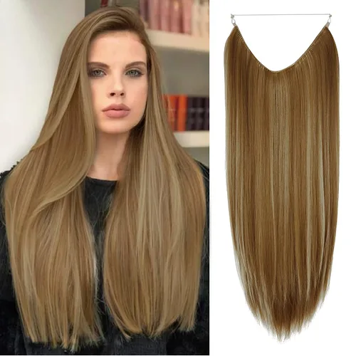 Vista 17 de Extensión de cabello rubio ceniza, rizado, largo, sintético, postizo de cabello rubio, 18 pulgadas, 4.2 oz, con diadema de alambre invisible