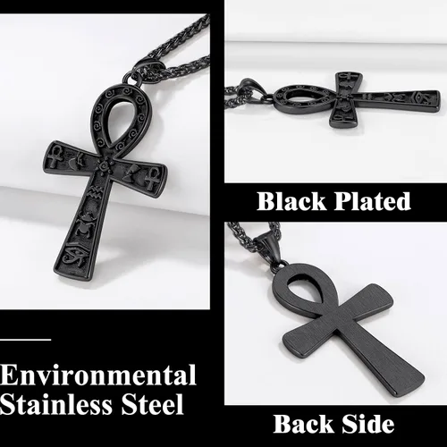 Vista 4 de Collar con colgante de cruz de Ankh chapado en acero inoxidable, oro y negro, para hombres y mujeres, con cadena de trigo, joyería religiosa