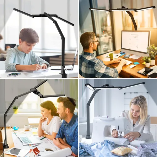 Vista 7 de ShineTech Lámpara LED de escritorio para oficina en casa, 25 modos de iluminación, lámpara LED con brazo oscilante con abrazadera, sensor de gestos
